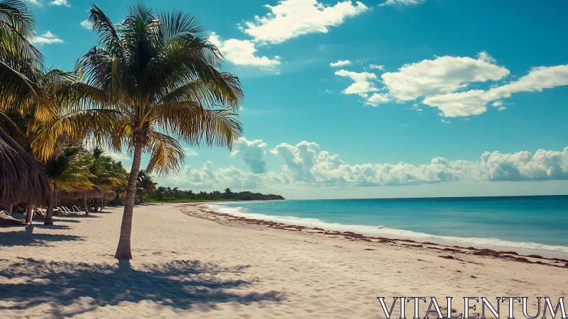 Palm trees line a quiet tropical beach under clear skies