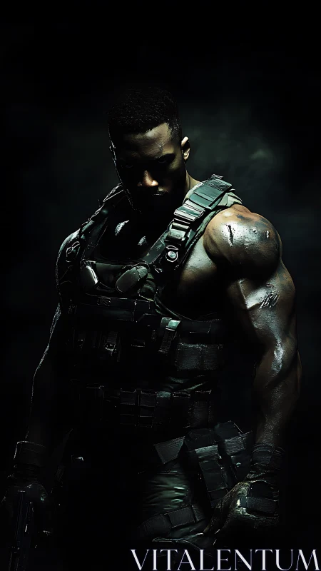 Armored tactical soldier in low-key dramatic side lighting.