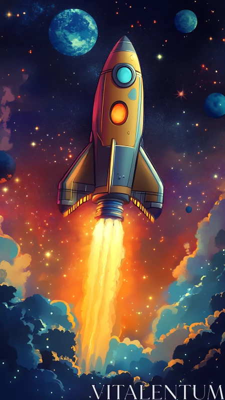 Retro stylized rocket launch through nebula clouds in orbit