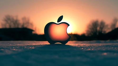 Sunlit metallic apple emblem on winter snow horizon.