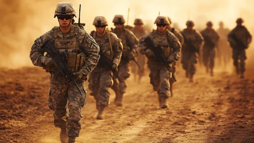 Sunlit march of soldiers through swirling desert dust.
