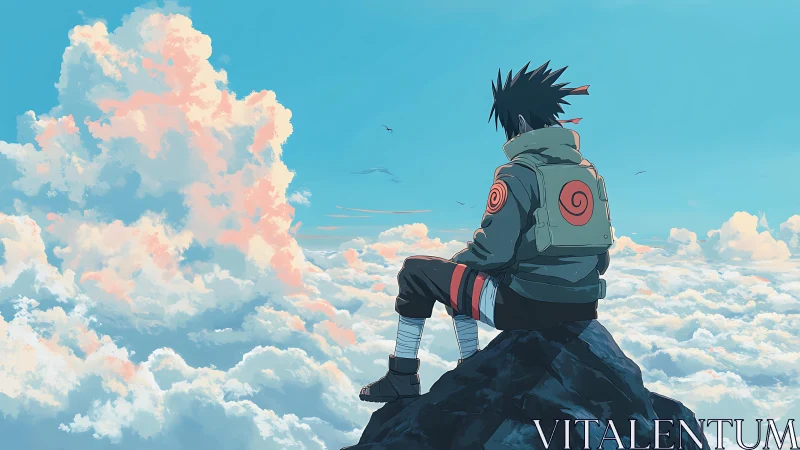 Anime boy on mountain peak above glowing cloud sea.