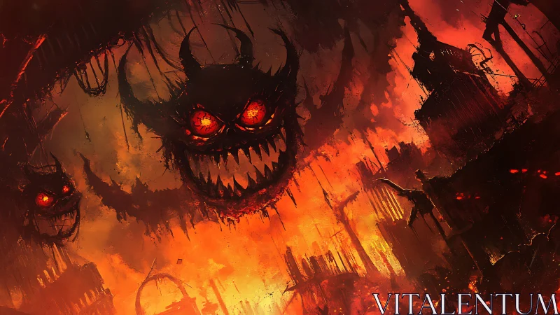 Infernal skyline with demonic visage over burning ruins.