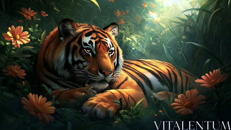 Resting tiger basks in dappled jungle light among flowers