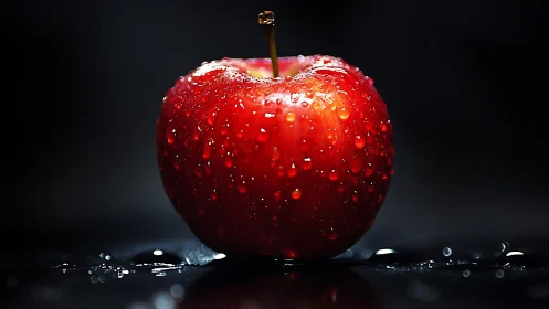Glistening red apple rests in the dark with fresh cool droplets