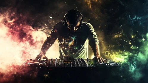 DJ controls cosmic decks within swirling neon smoke storm.