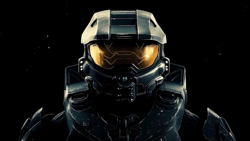 Armored sci fi soldier faces viewer in dark space