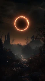 Burning eclipse ring above desolate twilight ravine.