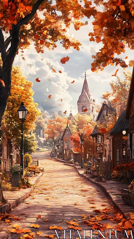 Autumn village cobblestone street with church steeple and foliage