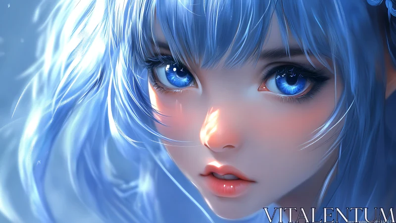 Iridescent blue haired girl portrait with luminous eyes.