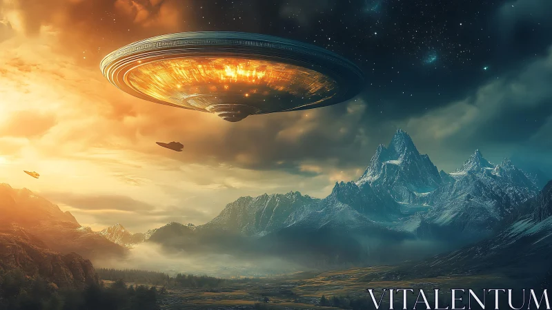Colossal UFO hovers above alien mountains at dusk.