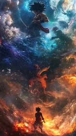 Warrior figure stands across fiery and cosmic layered skies