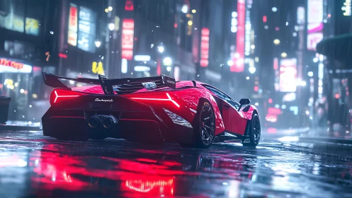 Neon-soaked supercar rear view in cyberpunk night streetscape.