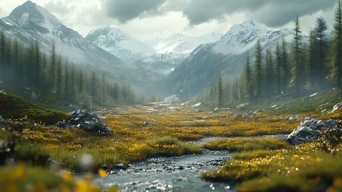 Mountain valley stream glows under brooding silver skies.