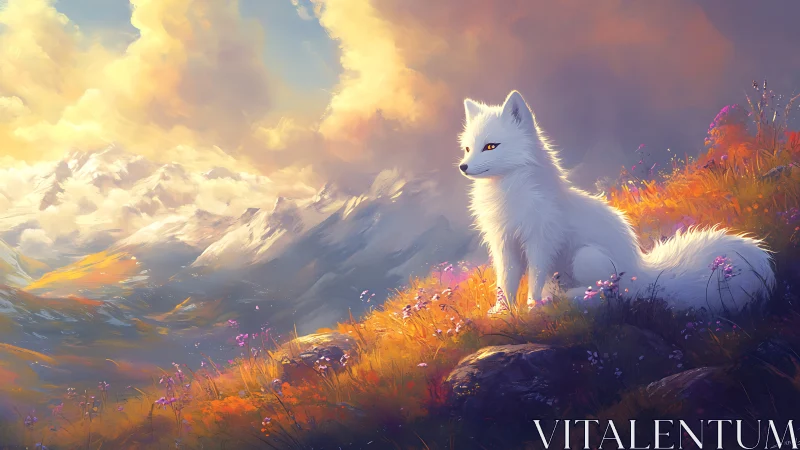 White fox watches a glowing mountain sunrise in serenity