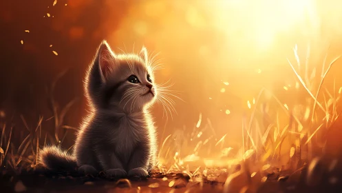 Adorable Kitten Basking in Golden Sunset Light