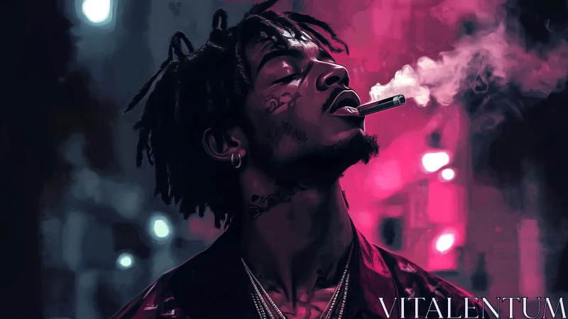 Neon-drenched smoker exhales quiet rebellion into city haze