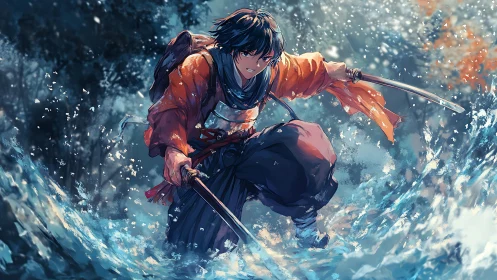 Storm-lit samurai surges forward with twin blades drawn