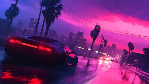 Neon-lit sports car accelerates on rain-soaked boulevard at dusk