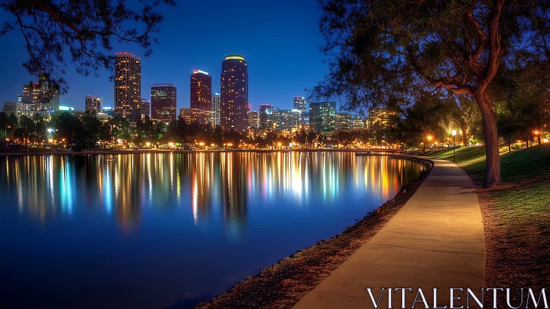 City lights shimmer gently across a calm evening lakeside