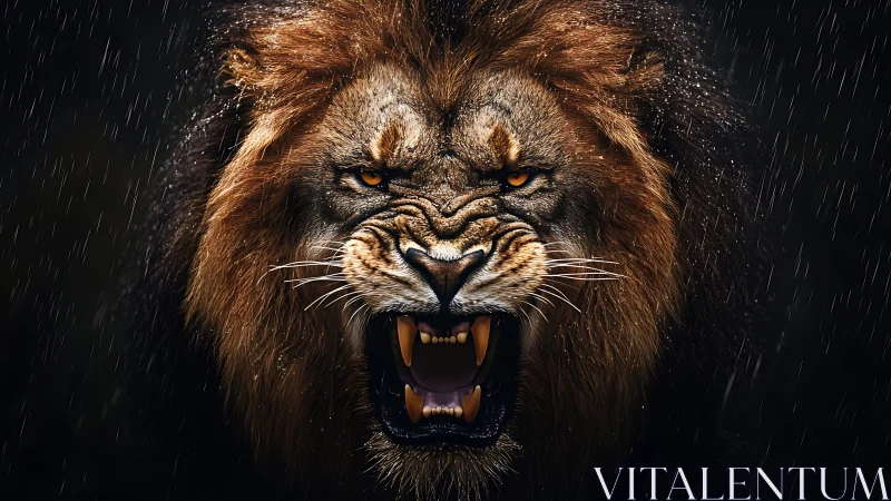 Lion roars under rainfall with sharp teeth fully visible