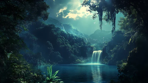 Mystical jungle waterfall illuminated by golden sunlight through forest canopy.