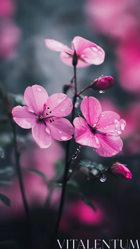 Pink blooms with water droplets reveal botanical detail through selective focus.