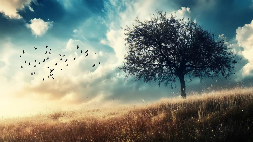 Lone tree on grassy hill under dramatic sky, digital art style.