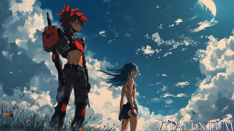 Two anime figures in open field under expansive sky.