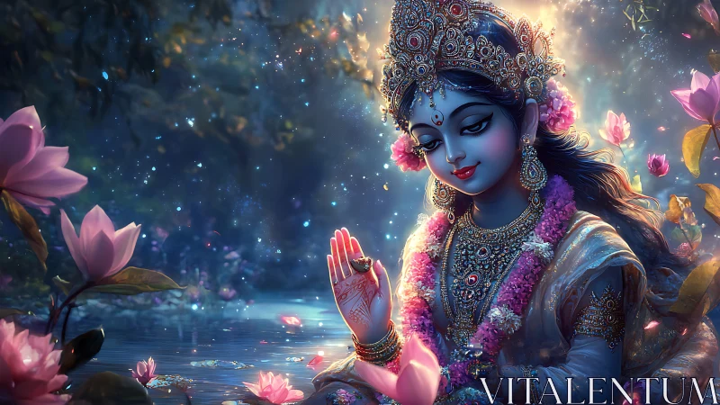 Divine goddess portrait amid glowing lotus pond at dusk.