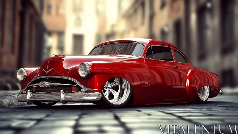 Photorealistic lowrider coupe in cinematic urban streetscape.