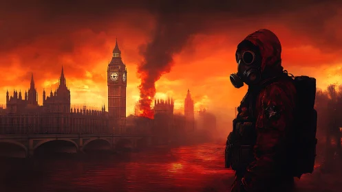 Dusk over burning London with a lone masked wanderer.
