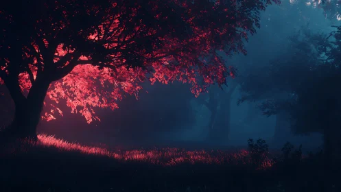 Digital painting of luminous crimson grove under night mist.