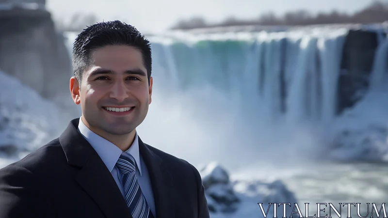 Business professional portrait before icy waterfall backdrop.