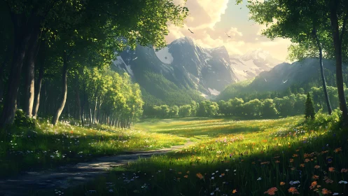 Alpine Valley Landscape with Mountainous Terrain and Evergreen Forest.