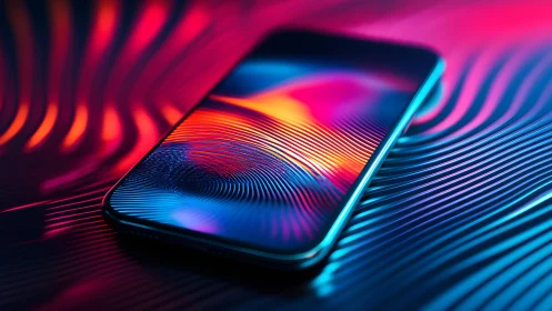 Modern smartphone on neon abstract waves, futuristic digital art.
