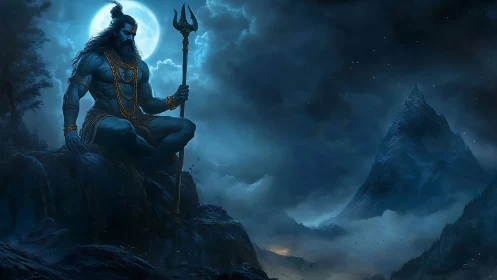 Moonlit blue deity brooding above thunder-wrapped mountains.