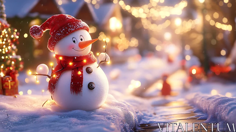 Cheerful snowman sparkles in storybook village snowfall.