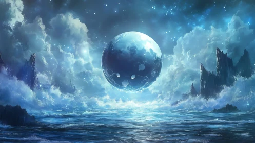 Celestial orb hovers above turbulent alien ocean in azure light