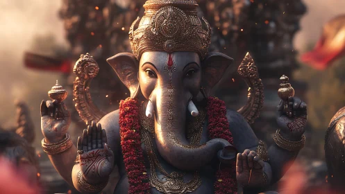 Photorealistic Ganesha idol with intricate gilt crown and garlands