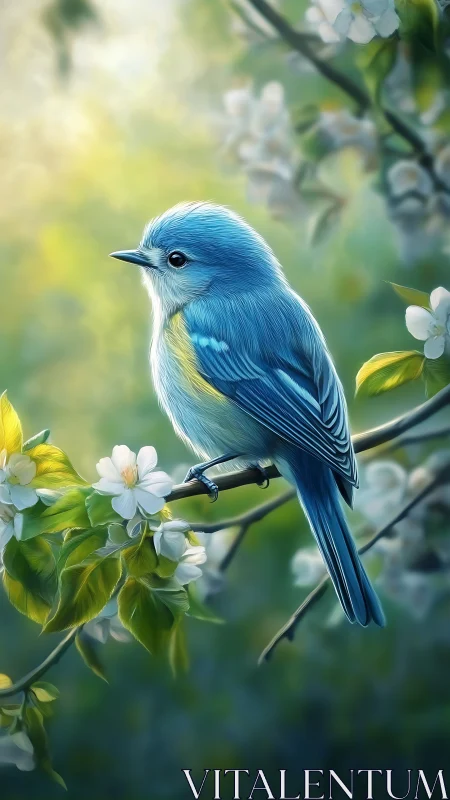 Digital painting of blue songbird amid spring blossoms.