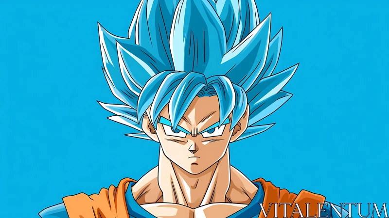 Blue haired anime warrior in orange and blue outfit.