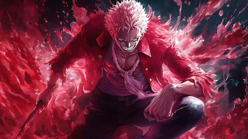 Red-clad anime figure advances amid dynamic liquid forms