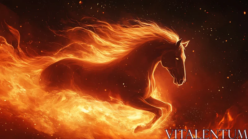 Volumetric fiery stallion silhouette in dynamic inferno flow