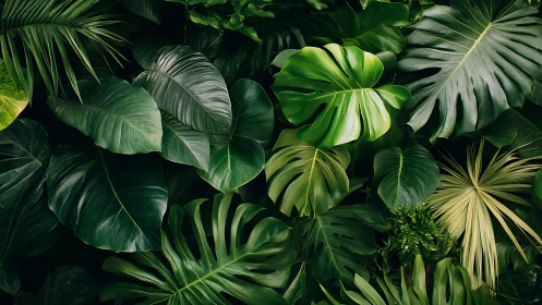 Dense arrangement of tropical foliage in varied green tones.