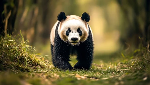 Curious panda wanders through soft-focus forest pathway.