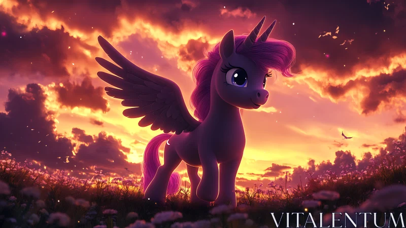 Winged pink unicorn pony under vivid sunset sky.