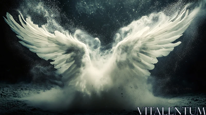 Exploding white angel wings in dark cinematic dust storm.