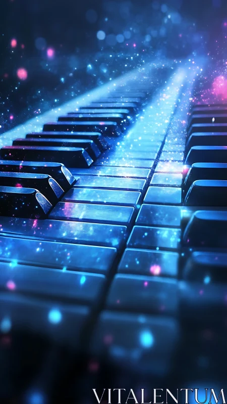Glowing piano keys with floating blue and pink light particles.