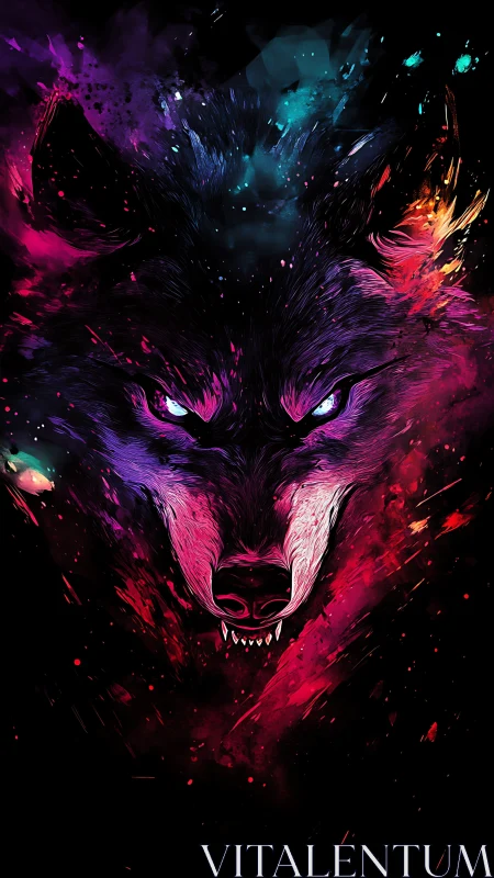 Neon spectral wolf portrait in high-contrast digital painting.